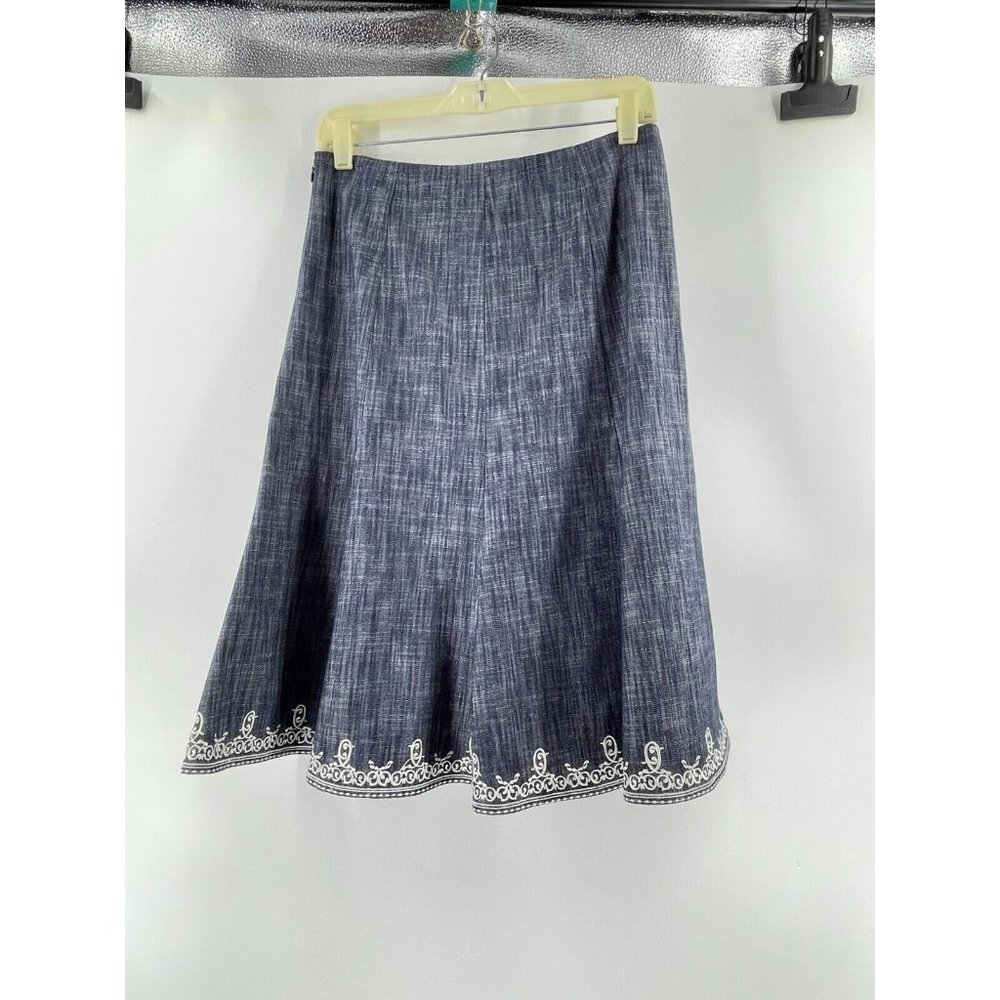 OSCAR DE LA RENTA Gray Denim Look Skirt Embroidered Hem Ruffle A Line Size 4 - Picture 5 of 13